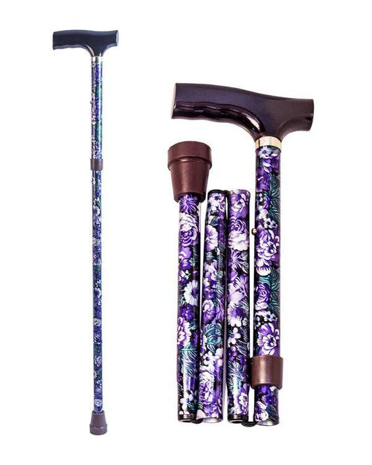 Folding aluminium cane with floral pattern